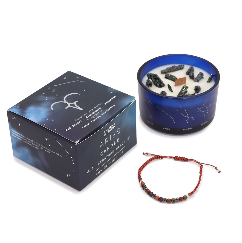 Csillagjegyes kristálygyertya drágakő karkötővel – Kos 🕯️💎🔥